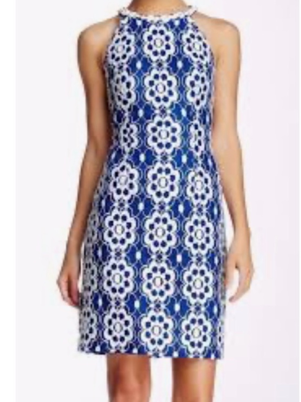 Nine West Navy and White Floral Lace Halter Dress
